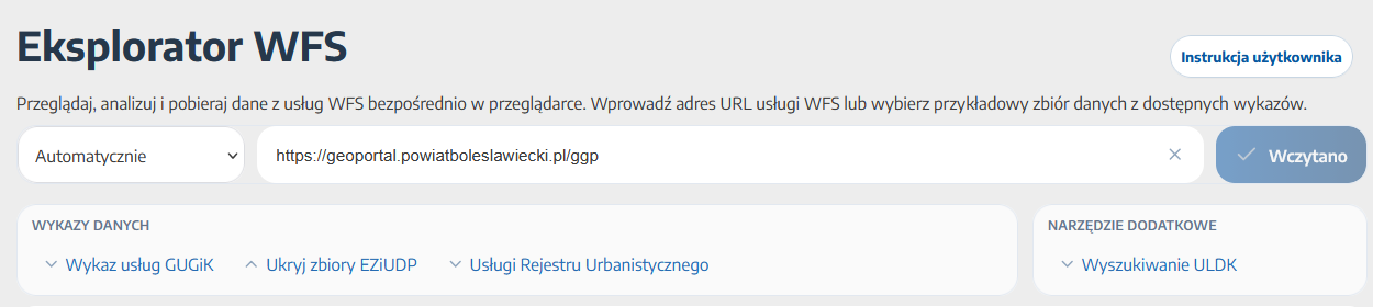 Widok główny Eksploratora WFS po wczytaniu usługi z modułem wykazów danych