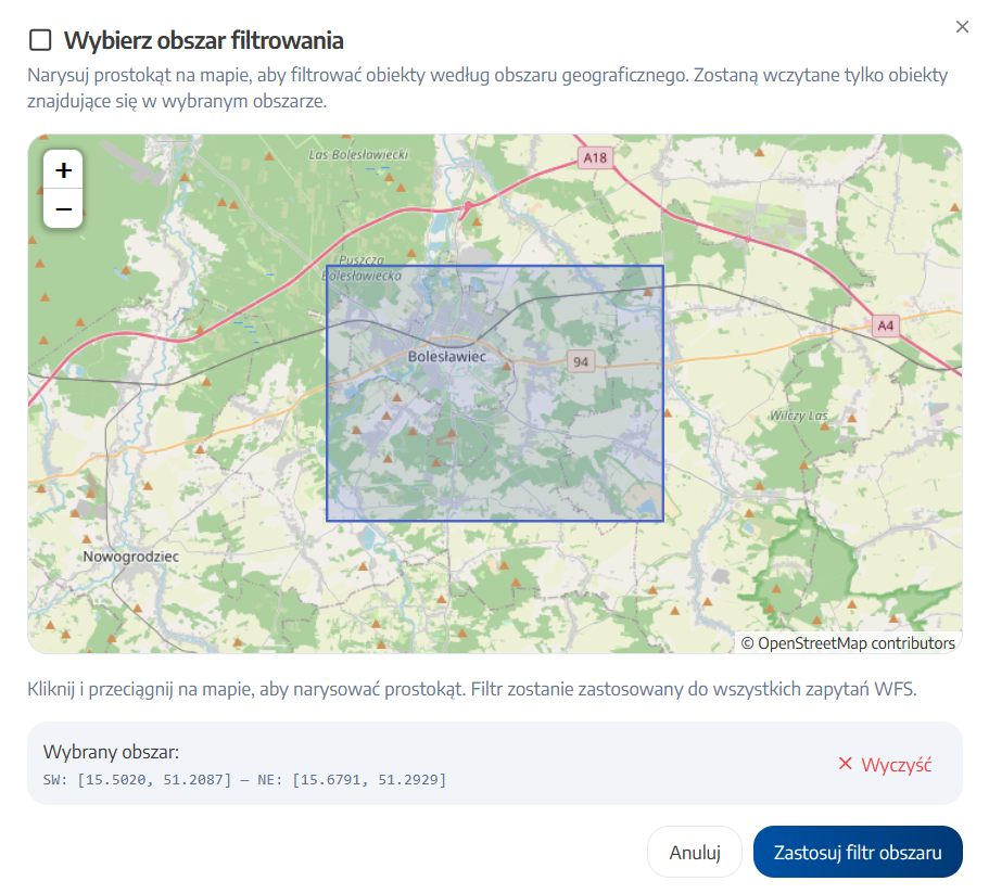 Okno wyboru obszaru filtrowania na mapie