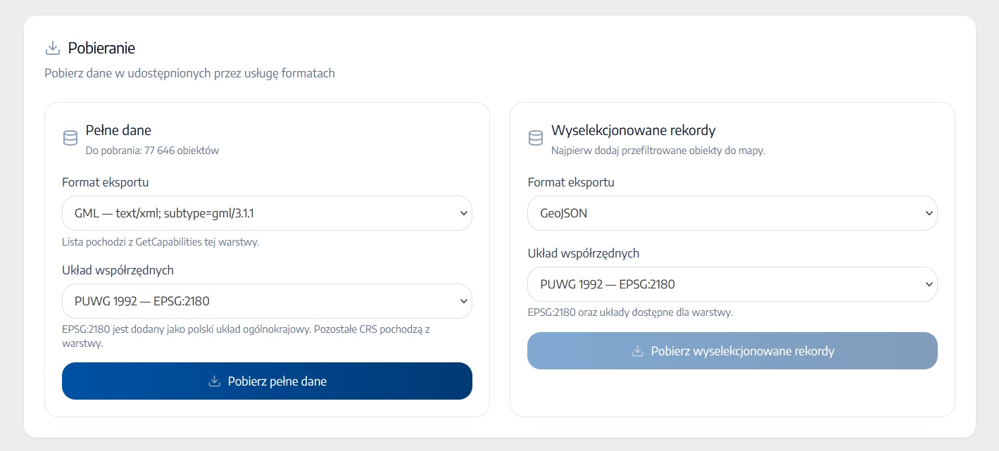 Pobieranie pełnych danych i wyselekcjonowanych rekordów w Eksploratorze WFS